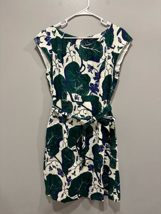 Lands' End Dresses & Skirts - Lands' End Green and Navy Floral Belted Linen Cap-Sleeve Dress